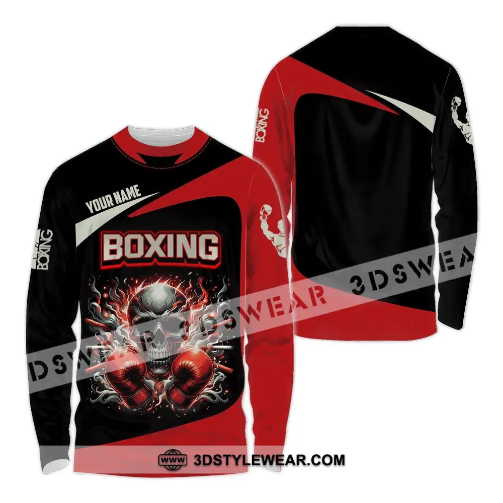 Unisex Shirt - Custom Name Sport Red Glove Boxing Skull Long Sleeve / S T-Shirt