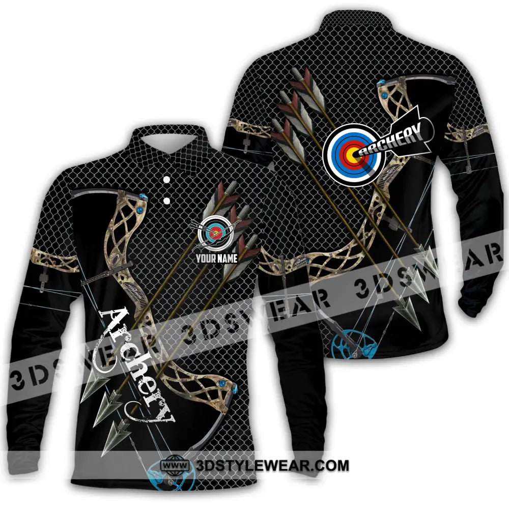 Unisex Shirt - Custom Name Sport Three Arrows Archery Long Sleeve Polo / S T-Shirt