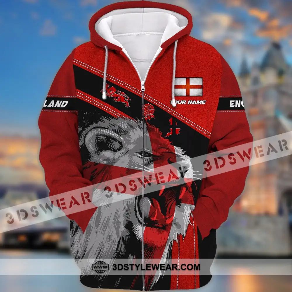 Unisex Shirt - Custom Name T-Shirt England Red Lion And Roses Zipper Hoodie / S T-Shirt