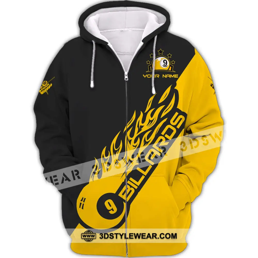 Unisex Shirt - Custom Name Team Billiard Yellow Fire Zipper Hoodie / S T-Shirt