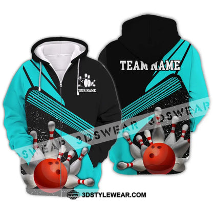 Unisex Shirt - Custom Name Team Cyan Bowling Zipper Hoodie / S T-Shirt