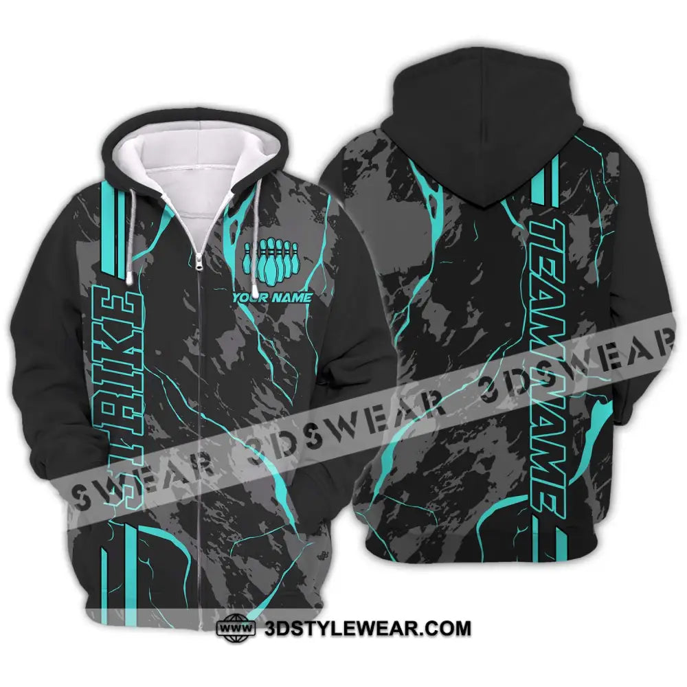 Unisex Shirt - Custom Name Team Cyan Strike Bowling Zipper Hoodie / S T-Shirt