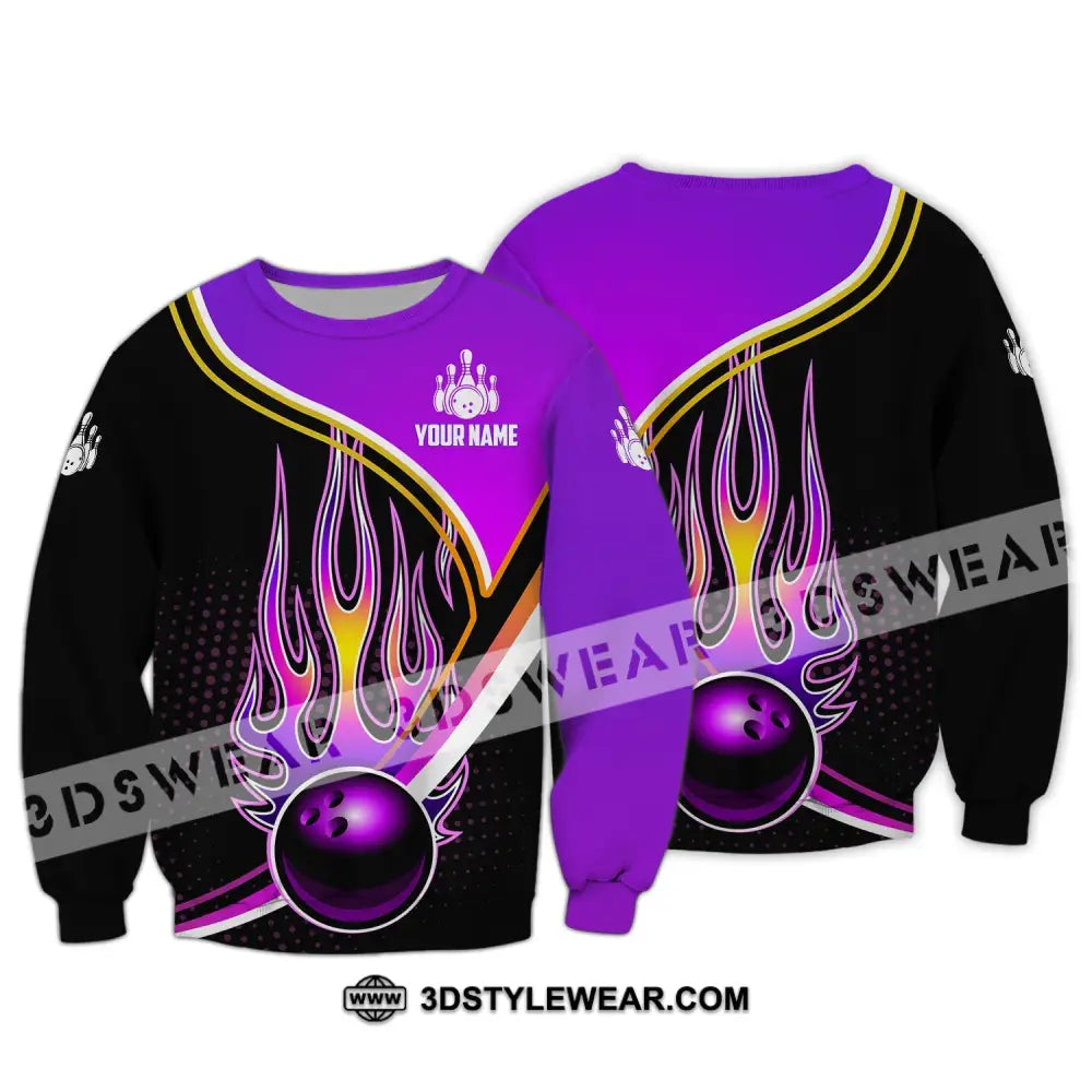 Unisex Shirt - Custom Name Team Purple Bowling Ball Fire Long Sleeve / S T-Shirt