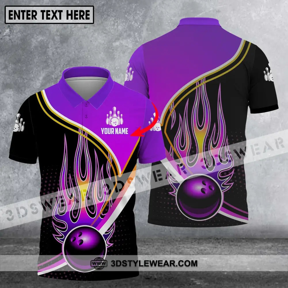 Unisex Shirt - Custom Name Team Purple Bowling Ball Fire Polo / S T-Shirt