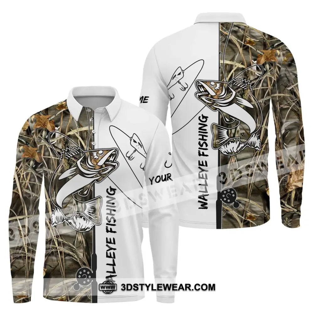 Unisex Shirt - Custom Name Walleye Fishing Long Sleeve Polo / S T-Shirt