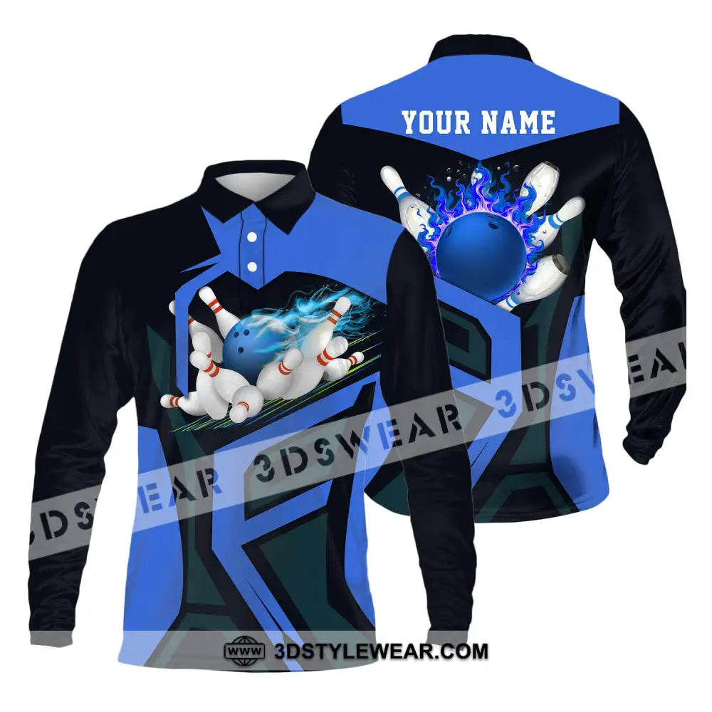 Unisex Shirt - Custom Text Blue Bowling Player Sport Long Sleeve Polo / S T-Shirt