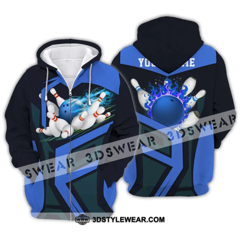 Unisex Shirt - Custom Text Blue Bowling Player Sport Zipper Hoodie / S T-Shirt