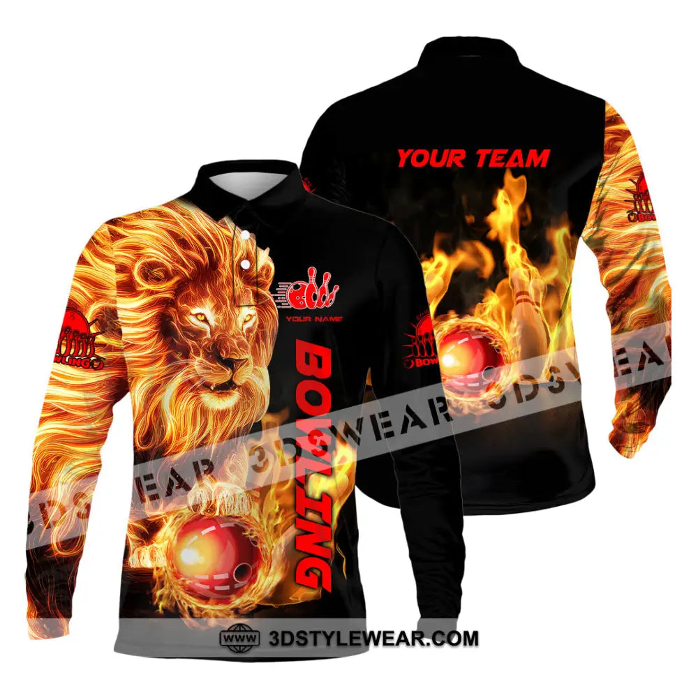 Unisex Shirt - Custom Texts Fire Lion Bowling Sport Long Sleeve Polo / S T-Shirt