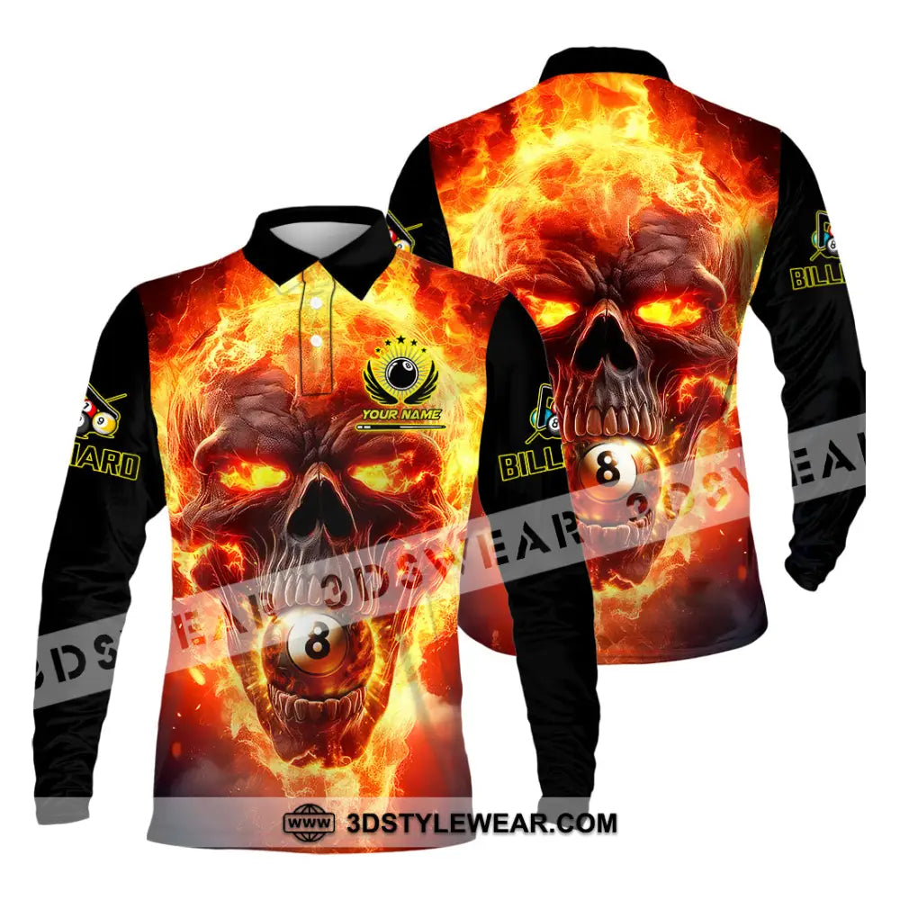 Unisex Shirt - Custom Texts Fire Skull Billiards No8 Sport Long Sleeve Polo / S T-Shirt