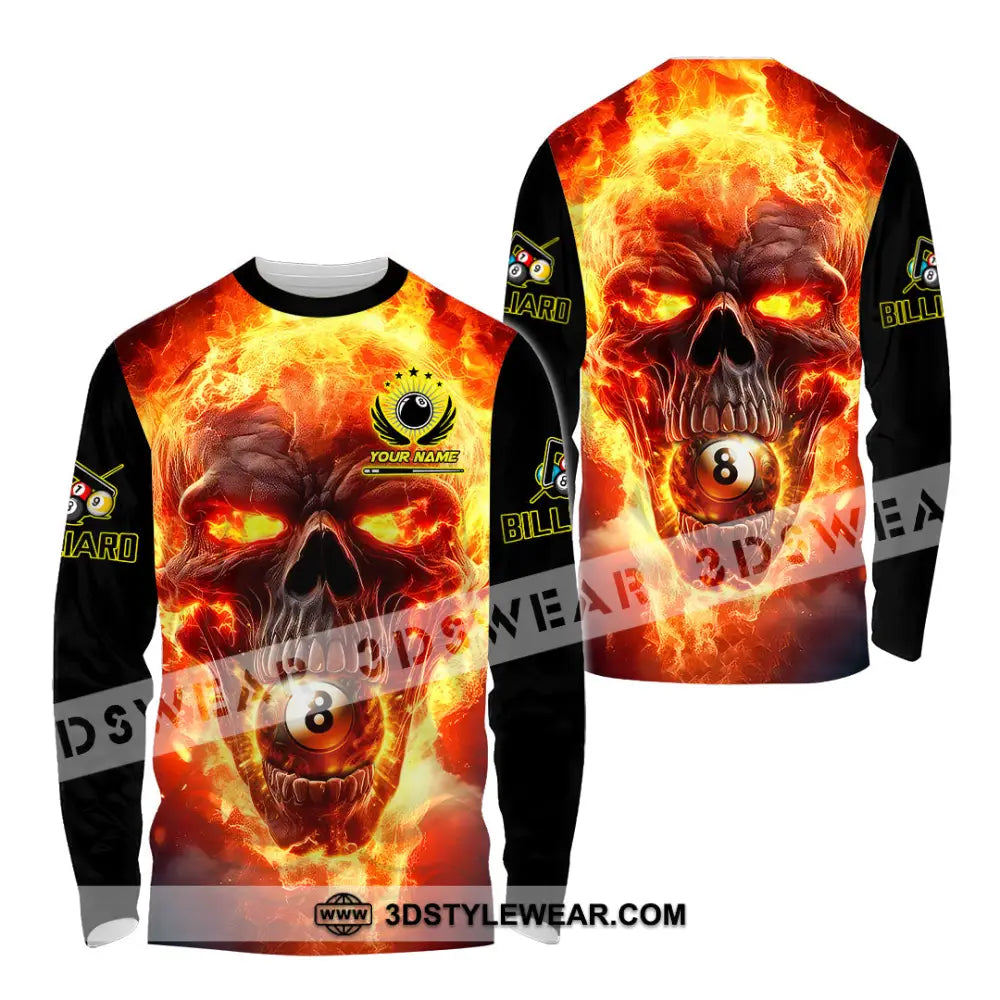 Unisex Shirt - Custom Texts Fire Skull Billiards No8 Sport Long Sleeve / S T-Shirt