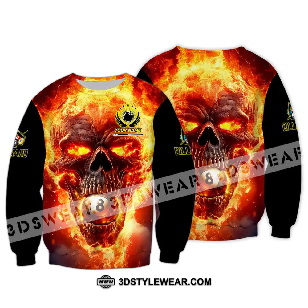 Unisex Shirt - Custom Texts Fire Skull Billiards No8 Sport Long Sleeve / S T-Shirt