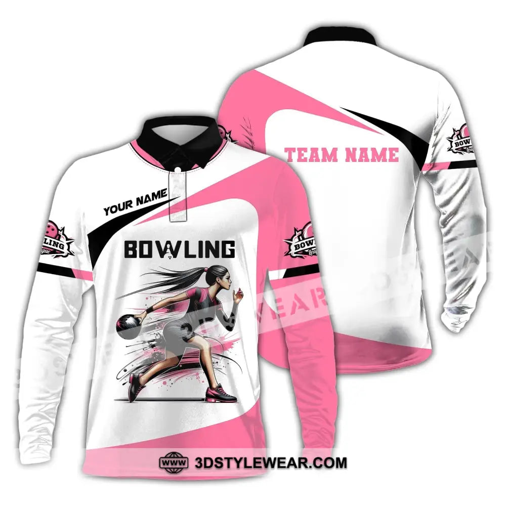 Woman Shirt Custom Name Bowling Zip Polo For Player T-Shirt Long Sleeve / S T-Shirt